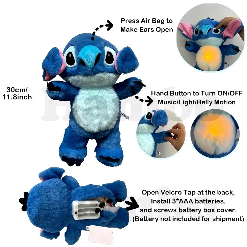 Kawaii Stitch Plush Doll - Baby Sleeping Companion with Soothing Music, Light & Breathing Features